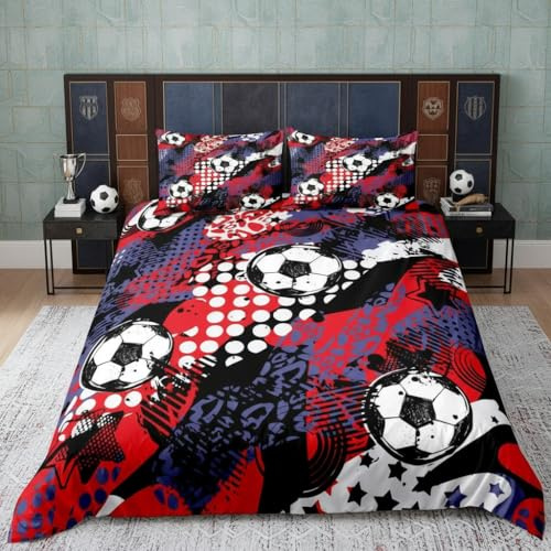 feelingyou Fußball der Roten Graffiti Bettwäsche-Set Hip Hop Ball Sport Bettwäsche Set 200x200cm Fussball Spiel Betten Set für Kinder Jungen Mädchen Teenager 3St.Reißverschluss Mikrofaser
