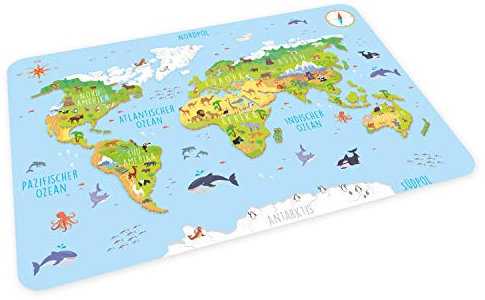 stabiles Vinyl Tischset Weltkarte 3D Kinder Platzset Platzdeckchen - BPA frei - abwaschbar reißfest farbecht - Geschenk Schuleintritt Schulanfang Einschulung Kita Deutsch