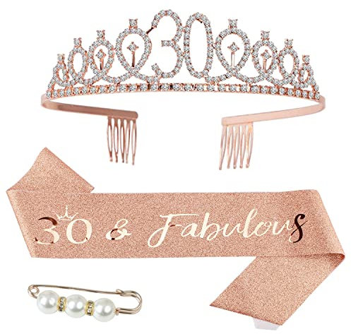 30 Geburtstag Frauen Deko Krone Schärpe Set Roségold Geburtstags Kristall Tiara für Frauen Birthday Crown Prinzessin Haar-Zusätze