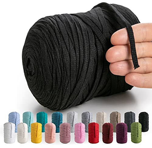 MeriWoolArt® Baumwollgarn Band Schwarz - 10mm T-Shirt Band Garn für Stricken, Makramee, Häkeln, Weben, Geschenkband - 150 m Baumwollband (Schwarz)