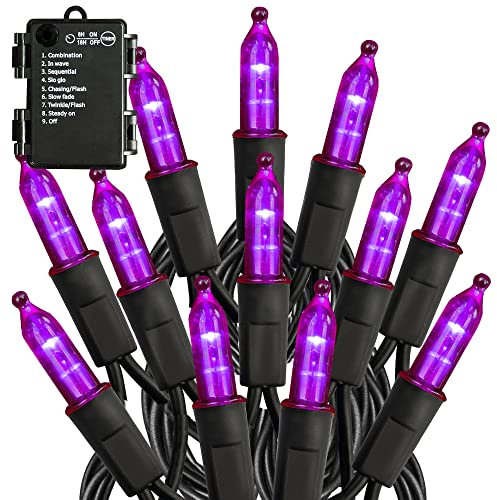 Battery Operated Halloween Lights, 50 LED 16FT Purple String Lights Outdoor, Waterproof Mini String Tree Light with 8 Modes, Halloween Decorations for Indoor Patio Garden Party Decor