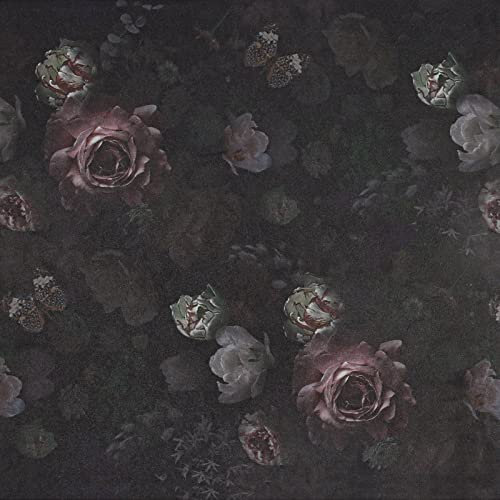 VEELIKE Tapete Pfingstrose Schwarz 45cm × 900cm Blumentapete Vintage Fototapete Schlafzimmer Romantik Tapete Rosen Schrankpapier Möbelfolie Muster Klebefolie Möbel Selbstklebende Folie Wasserfest