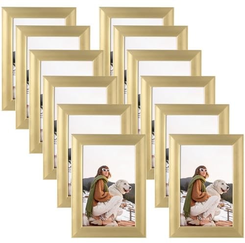 EXYGLO 12er Set Bilderrahmen 10x15 cm für 15x10 Fotos und Bilder, Auffällige Goldene Fotorahmen Collage mit Kunststoffrahmen - Wand- oder Tischaufsteller
