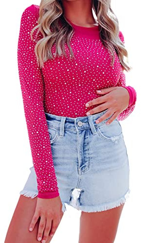 Hotmiss Nahtloser Langarm-Body für Damen, Strass, Nieten, Fischnetz-Top, Tanga-Shirt, Rose, Klein