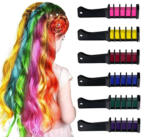 AOOWU Peignes Craie Cheveux, 6PCS Coloration Temporaire Cheveux Peigne, Peigne à Craie Cheveux Couleur Combo Lavable Non Toxique, Adapté Pour NoëL, Carnaval, Cosplay(Lumière Brillante)