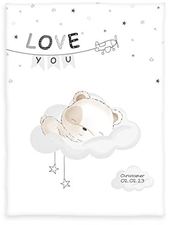 Herding babybest Babydecke, Kuscheldecke Sleeping Little Bear, Personalisiert mit Name und Datum (Bestickt), 75 x 100 cm, 100% Polyester
