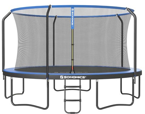 SONGMICS Trampolin 427 cm d, Gartentrampolin für Kinder mit Sicherheitsnetz, 180 cm hohe Stangen, Randabdeckung, Leiter, Stahlrahmen, schwarz-blau STR143Q01