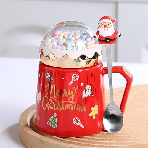 Duqulle Christmas Coffee Mugs,Festival Cute Christmas Ceramic Mugs with Snow Globes Lid and Spoon, Christmas Tea Cups Microwave Safe,Novelty Mugs for Christmas,500ml