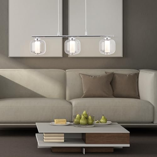 Lightbox moderne LED Balken Hängelampe - 131 x 57 x 11 cm - elegante Pendelleuchte mit Rauchglas Schirmen - höhenverstellbar & 18 W, 2100 lm, 3000 K - aus Metall/Glas/Acryl - in Chrom/Rauchglas