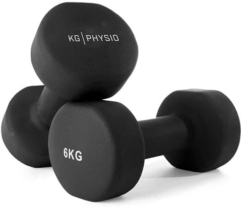 KG Physio Pesi Palestra, Kit di 2 Manubri Palestra con Rivestimento in Neoprene, Accessori Palestra Con tecnologia Anti Rotolamento, Poster A3 con Esempi di Esercizi Fitness 6kg, Nero