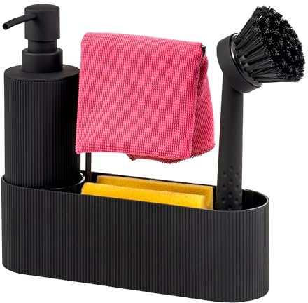 eluno Spülbecken Organizer mit Soft-Touch Oberfläche für Küche & Bad, Spülutensilienhalter inkl. Seifenspender, Spülbürste mit Bürstenkopf und Spültuchhalter, mit Ersatzbürstenkopf und Pumpe (Rund)