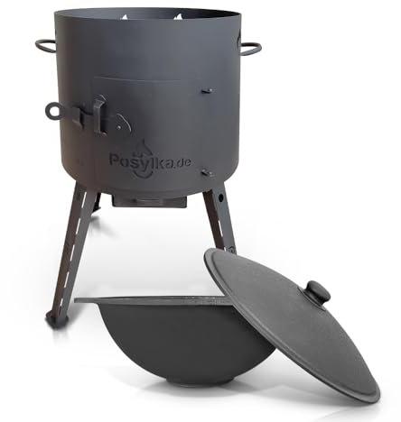 Utschak Feuerofen mit Gusseisen Topf flacher Boden mit Deckel 12 L Ø 40 cm Kazan Учаг Uchag казан Kasan Oven (Set 1)