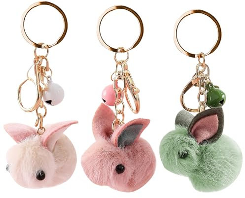 WOKICOR 3 Stück Schlüsselanhänger Hase mit Weichem Plüsch Cartoon-Design Kunstfell Kaninchen-Anhänger Süßer Weicher Plüsch-Schlüsselanhänger, Tasche Anhänger, Tier-Schlüsselanhänger (Beige Rosa Grün)