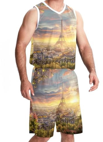 KQNZT Basketball-Trikots, Shorts, Sport-Set, Trikots für Herren, athletisches Basketball-Trikot, Eiffelturm, Sonnenuntergang, Paris, Malerei, Design 3333, Einheitsgröße