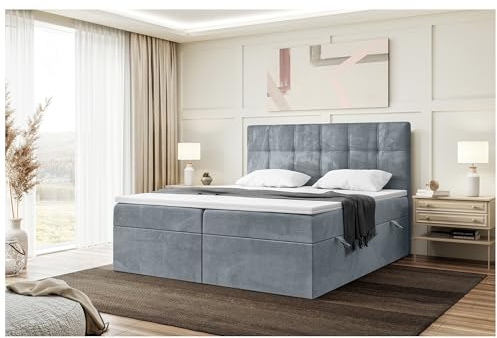 MEBLINI Boxspringbett mit Bettkasten - 180x200 - Gepolstert Doppelbett mit Matratze und Topper - Polsterbett mit Stauraum - Bett mit Kopfteil - Kai - H3/Grau Samt