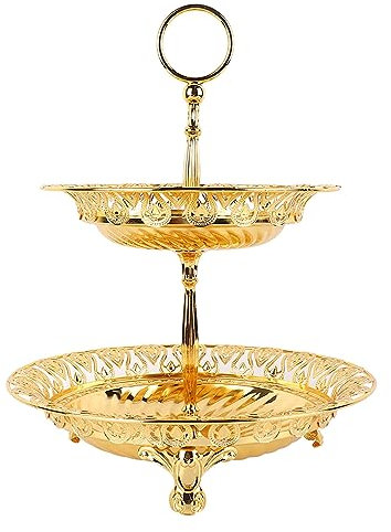 belupai 2 Tier Fruit Trays, Gold Alloy Round Plated Cupcake Dessert Display Rack Bread Vegetable Storage Stand Countertop Snacks Rack Cake Serving Plate for Home Hotel Kitchen Dining Table Decor