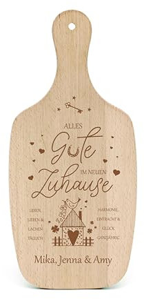 Dekolando Geschenk zum Einzug Schneidebrett graviert personalisiert Einweihungsgeschenk Neues Haus - Alles Gute im neuen Zuhause - Holzbrett Wunschnamen 34 x 15 cm