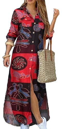 ZICUE Casual Button Long Dress for Women Summer Plain Tie Dye Print Maxi Dress Loose Lapel Side Slit Maxi Dress Prints Red XXL