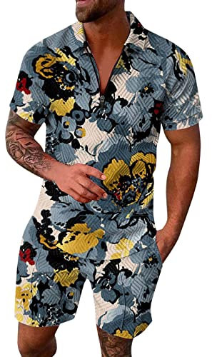 Generisch Trainingsanzug Herren Freizeitanzug Sport Set Sommer Jogginganzug 2-Teiliges Knopfleiste Poloshirt + Kurze Hose mit Taschen Herren Outfit Komplett Set Tracksuit Herren Baggy