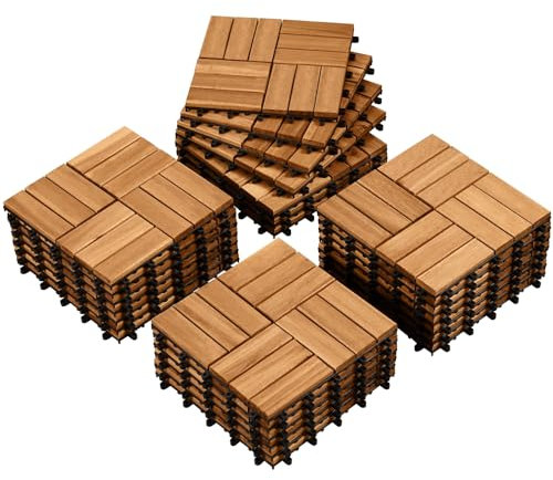 Yaheetech Holzfliesen Akazie 30x30 cm, 27er Set-ca. 2,6 m² Leicht Verlegbar Terrassenfliesen Balkonfliesen Klicksystem, Wetterfest Bodenfliesen Gartenfliesen für Terrasse, Balkon & Garten, Holzfarbe