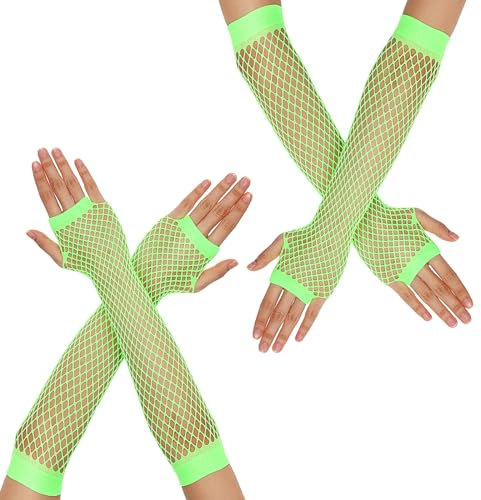 Lusofie 2 Paar Netzhandschuhe Fischnetz Handschuhe Lang für Damen Netzhandschuhe Fingerlose Damen 80/90 er Retro Party Disco Halloween Maskerade Kostüm Zubehör (Fluoreszierendes Grün)
