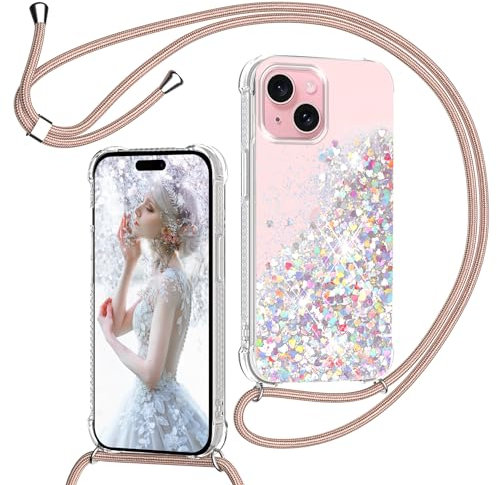 TUUTPU Handyband für iPhone 13 Mini 5,4'' Hülle mit Band, Glitzer Treibsand Handyhülle mit Kordel zum Umhängen Transparent Stoßfest Schutzhülle mit Kette Schnur, Quicksand Necklace Case in Roségold