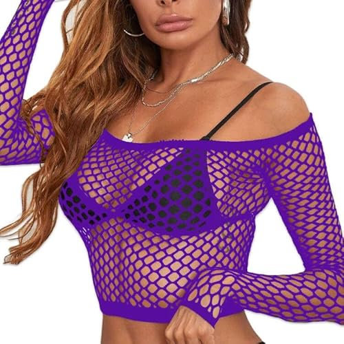 Buitifo Women Sexy Lingerie Fishnet Top Exotic Beach Cover Up(purple wgtop,M)