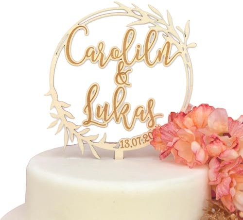 FEENSTAUB Cake Topper Hochzeit personalisiert, individuelle Tortendeko Hochzeit, Deko für die Hochzeitstorte aus Holz, Torten Topper mit Namen und Datum, Hochzeitstortenstecker