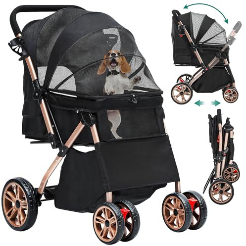 YITAHOME Faltbarer Hundebuggy für kleine Hunde, Haustierbuggy mit umkehrbarem Griff, Netzfenstern, Getränkehalter, 360° drehbare EVA-Räder mit Bremsen (Schwarz)