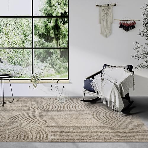 Elle Decoration Hochflor Teppich Chappe – Moderner Wohnzimmerteppich, Langflor Shaggy, Modernes Muster, Flauschig Weich Boho für Wohnzimmer, Schlafzimmer – Beige, 160x235cm