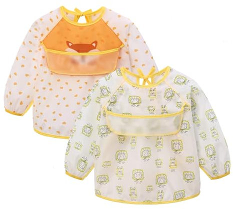 2 Stück Baby Langarmlätzchen Set Wasserdichte Ärmellätzchen mit Auffangschale Abwaschbar Weiche Fütterlätzchen Auslaufsichere Lätzchen für Baby Kleinkinder Jungen Mädchen