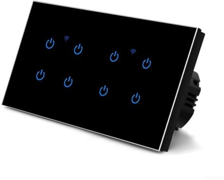 WhAeoy Interruptor De Luz Táctil (Negro), 2/3/4/5/6/8 Entradas, Interruptor Táctil WiFi Inteligente, con Control Remoto por Voz, Panel De Vidrio, Interruptor De Luz LED,8Gang