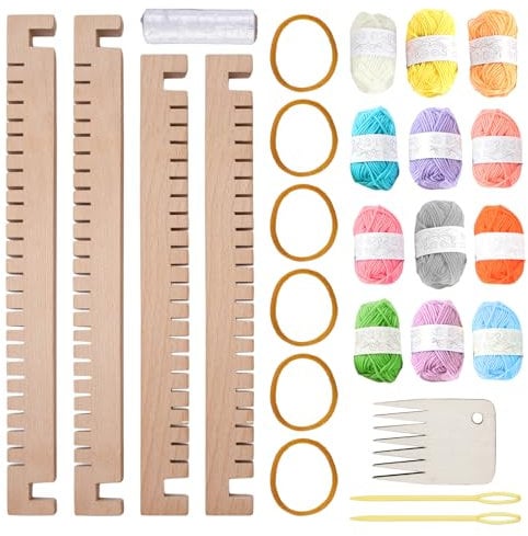 WIYETY Holz Webrahmen Set, großes 28 x 25 cm Webrahmen für Kinder, Quadratisch Webstuhl Aus Holz mit Rahmen, 12 Farben Wolle Garn, Nadel, Webkamm und Englisches Handbuch, Webrahmen für Anfänger