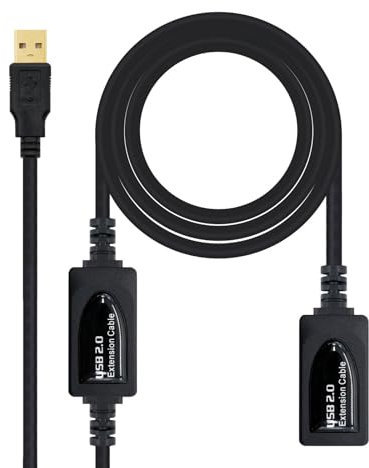 Cable USB 2.0 con amplificador, Tipo A macho a Tipo A hembra, 15 metros de longitud, ideal para extender la conexión sin perder calidad de señal. Permite conexiones estables y seguras.