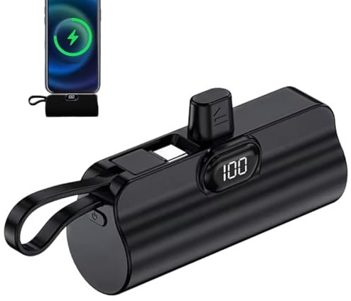 Mini Portable Charger for iPhone, 5000mAh Power Bank with Built in USB C Charging Port, 20W PD Fast Charging Battery Pack with 2 Output Compatible with iPhone 16/15/14/13/12/11/X Samsung-Black