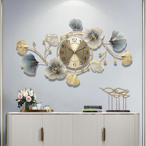 NNYCC Grande orologio da parete decorativo moderno silenzioso Orologi da parete grandi per soggiorno Orologio da parete decorativo da cucina Ginkgo Biloba Stile di design Oro,D'oro,L