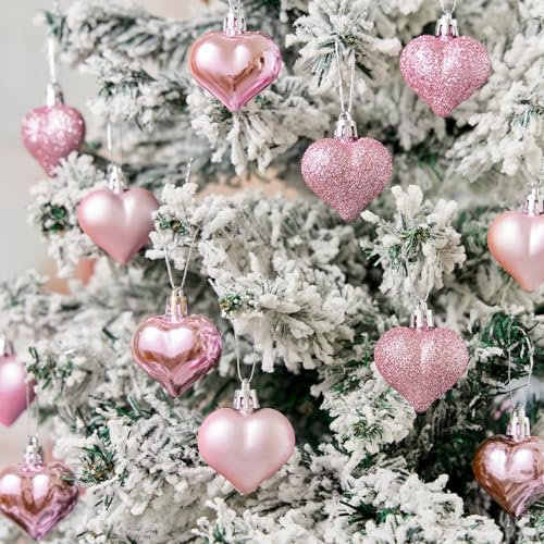 12pcs Heart Ornaments - Valentine's Day Heart Pendant Decorations for Christmas Tree, Red Pink Silver Heart Shaped Baubles Wedding Anniversary Party Decoration (Pink, 4.5cm)