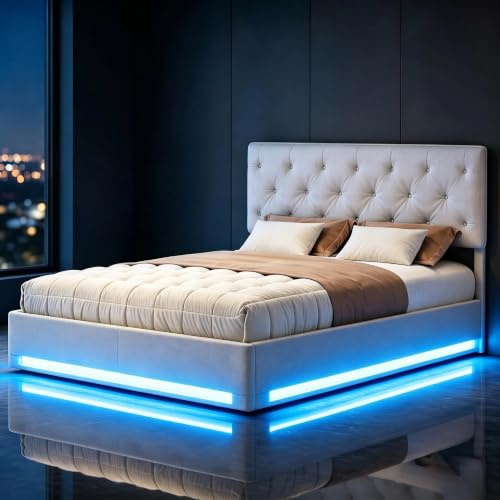 MOTUZP Polsterbett Doppelbett 160x200cm Jugendbett Gepolstertes Bett Stoffbett Stauraumbett mit Hydraulisch Boxspringbett mit LED Beleuchtun, Lattenrost (weiß+Flachs+LED)