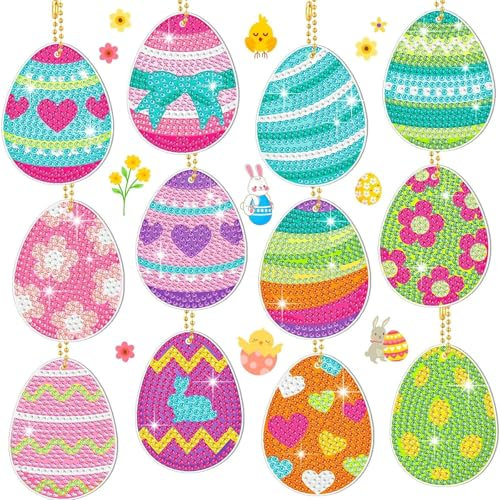 Scinzene Diamond Painting Ostern Doppelseitig - 12 Stück DIY Osterei Schlüsselanhänger Set, 5D Frühlingsbasteln mit Diamantsteinchen, Kreativgeschenk für Kinder