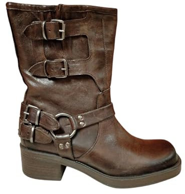 Divine Follie DFI 101 Pelle Testa di Moro Stivaletti Stivali a Punta Quadra Donna da Infilare Bassi Texani Bikers Tacco Largo 5 cm Fibbie Anello Laterale (38)