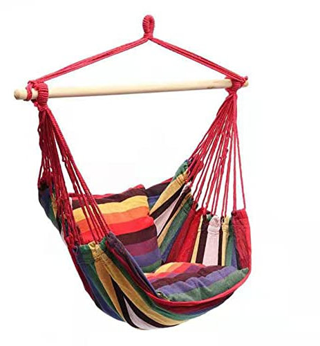 Steel Spread Bar Hammock Swing Seat, Durability Canvas Chair Hanging Swing for Indoor and Outdoor, Colorful Stripe Design, for Friends