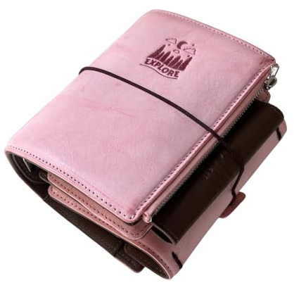 Burxxong Terminplaner im Taschenformat, A7, echtes italienisches Alaska-Leder, nachfüllbar, Stalogie-Ring-Planer, 3-fach gefalteter Stil mit 25 mm Ringbuch, TN-Passport-kompatibel (rosa Wachs)