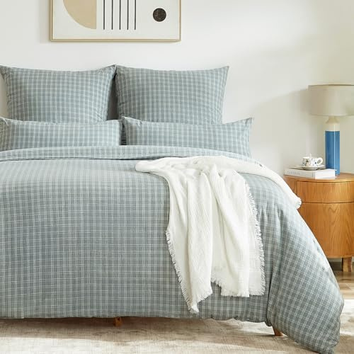 SOULFUL Housse de Couette 220x240 Coton Carreaux - Gris-Bleu Vichy | Parure de Lit 2 Personnes avec 2 Taies d'oreiller 65x65 cm - 100% Coton Lavé - Certifié Oeko-TEX - Fermeture Éclair