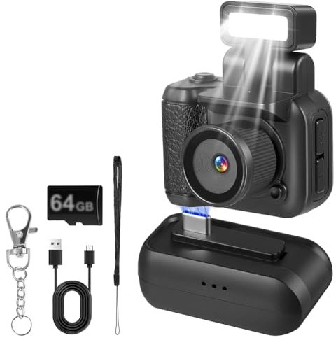 Mini Cámara Retro, con Cámara CMOS de 1080p y Flash LED para Fotografía Infantil (64 GB)