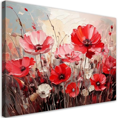 Feeby Leinwandbild - Bilder Wohnzimmer - Feld rosa rote Blumen - 90x60 1tlg - Deko Schlafzimmer - Wanddekoration - Aesthetic - Groß Moderne Bild - Foto auf Leinwand