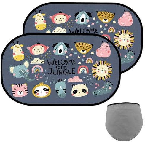 LUMOOM 2 parasoles para coche para bebé, parasol para niños, parasol para ventana lateral, parasol para ventana trasera, bonitos motivos de animales (animales de la selva)