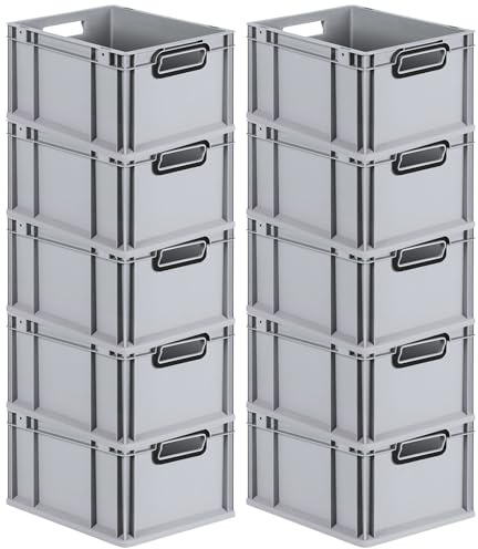 PROREGAL SparSet 10x Eurobox NextGen Color | HxBxT 22x30x40cm | 20 Liter | Griffe schwarz offen | Glatter Boden | Grau | Eurobehälter, Transportbox, Transportbehälter, Stapelbehälter