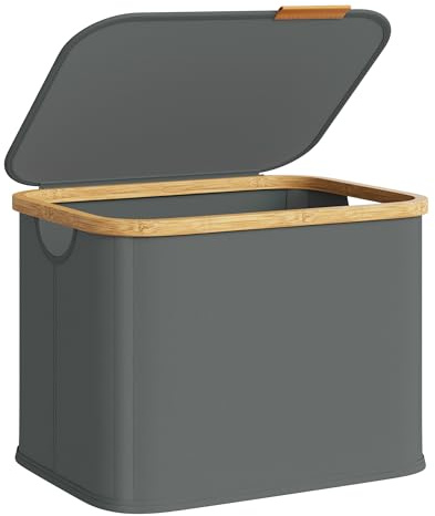 SONGMICS Cesto de Ropa con Tapa, Recogedor de Colada, Ahorra Espacio, Tejido de Oxford, Plegable, Marco de Bambú, Lavadero, Dormitorio y Salón, 40 L, 42 x 32 x 30 cm, Gris Pizarra LCB516GN01