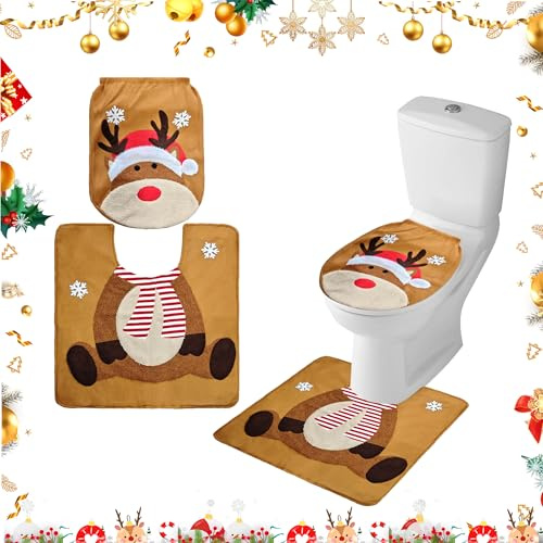Pelizen Christmas Toilet Seat Covers Christmas Decorations Christmas Bathroom Rugs Set Toilet Lid Cover Set U-Shaped Toilet Rug Washable Soft Warmer Toilet Cover