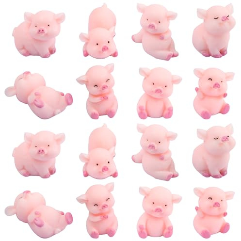Rosa Mini Schweine Figuren, 16 Stück Glücklich Schwein Figur Klein, Niedlich Schweine Figuren, Schwein Tortendeko, Schweinchen Figurfür Desktop Bücherregal Silvester Dekoration (Rosa-16pcs)
